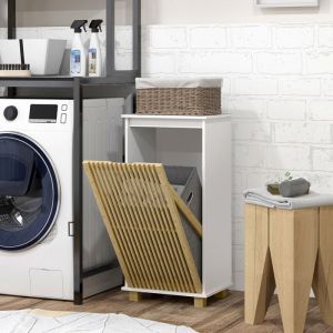 Meuble salle de bain avec panier &agrave; linge porte &agrave; lattes en bambou et sac amovible blanc et effet bois naturel