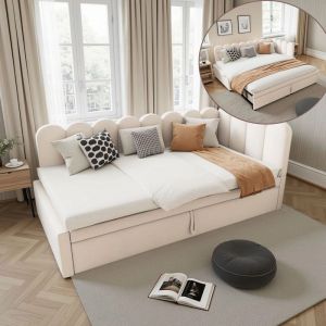 Lit Banquette Gigogne - Novélys - 90 à 180x200cm - Convertible en Lit Double - Canapé-lit en Velours Beige