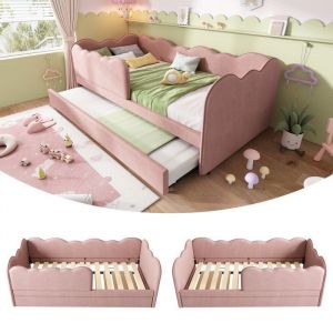 90x190cm lit mezzanine  Lit M&eacute;ridienne Velours Rose pour Enfant  Canap&eacute; de Jour + Lit Gigogne  Id&eacute;al Petite Chambre dEnfant
