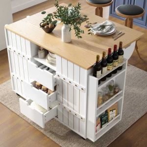 Desserte de cuisine extensible à roulettes 110x42-70x90cm Îlot de cuisine avec plan de travail 3 tiroirs 2 portes coulissantes