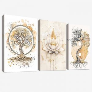 Cadre en Bois Impression sur Toile Arbre de vie Yin Yang Tableau Bouddhisme Zen Fleur de lotus Beige Decoration Murale 30x40cm