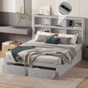 Lit double 160*200cm aggloméré lit plateforme king size avec deux tiroirs au pied du lit tête de lit avec rangement gris