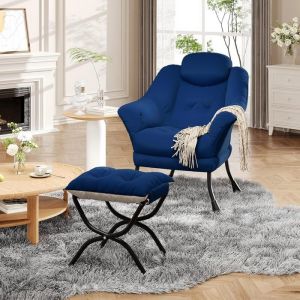 Fauteuil Relax avec Repose-Pied Pliable et Oreiller- Fauteuil Rembourr&eacute; Moderne- pour Salon/Bureau- Charge 150 kg-BLEU