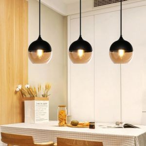 SNOGOLD 3x Lustre Suspension Industriel E27 Luminaire Moderne - Ø20*H23cm - Abat-jour Sphère en Verre Noir et Transparent-Sarcelle