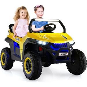 COSTWAY Voiture Electrique Enfant 12V/7Ah, 2-4 km/h, 2 Place, Télécommande 2,4G pour 3-8Ans, MP3, USB, Radio, Lumineux, Klaxon Jaune