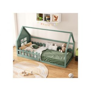 Lit cabane enfant 90x200 cm Lit simple 1 personne Lit denfant au sol en forme de maison avec barrières de sécurité vert