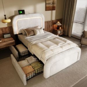 Lit coffre 90x200 cm avec 2 tiroirs et charge USB Type C lit simple avec sommier &agrave; lattes Mat&eacute;riau en feuille Sherpa blanc