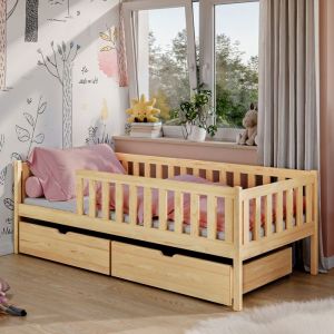 Lit enfant 80x180 cm - 2 tiroirs - Lit avec rangement - Sommier inclus - Lit simple en bois massif - Structure de lit - Pin naturel