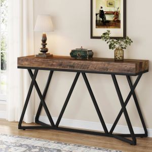 Tribesigns Table Console de 140 cm derrière la table basse table daccentuation industrielle pour couloirsalonMarron Rustique