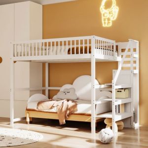 Lit enfant 140x200 cm Lit mezzanine 1 place 2 personnes Avec escalier étagères de rangement garde-corps blanc
