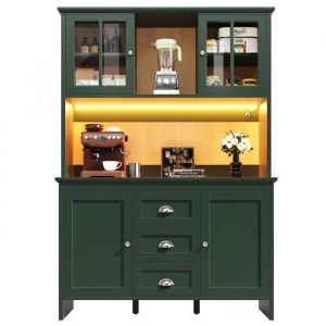 Armoire de Cuisine - Buffet Haut Cuisine Portes en Verre Marron et &eacute;clairage LED Meuble de Rangement 120x40x179 cm - Vert