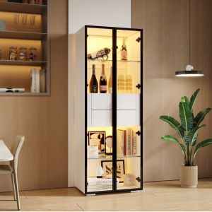 Vitrine en verre - LEYTN - 60 x 40 x 160 cm armoire haute avec &eacute;clairage LED 2 tiroirs 2 &eacute;tag&egrave;res en verre - Blanc