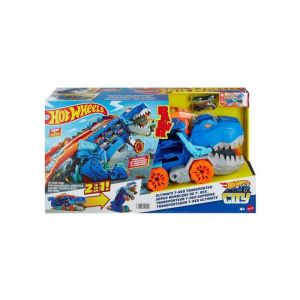 Hot Wheels City - Transporteur Geant T Rex 2 en 1 : Camion et Dino piste de course - Sons et lumieres - Set Jouet vehicules + carte