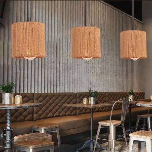 IDEGU 3pcs Rétro Suspension Luminaire Industriel en Rotin Lustre Vintage Style Boho Plafonnier Cage Arrondi pour Salon Chambre