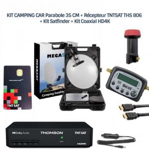 Kit Camping Car - MEGACC3 - Parabole 35 CM - Récepteur TNTSAT THS 806 - Kit Satfinder - Coaxial HD4K