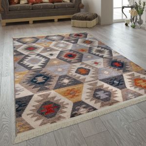 Paco Home Tapis Salon &Agrave; Franges Design Ethnique Boh&egrave;me Carreaux Motif Losanges Multicolore Multicolore 80x150 cm