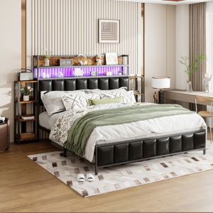 Lit adulte 160 × 200 cm lit avec LED tête de lit avec étagère de rangement cadre de lit en fer revêtement en simili cuir noir