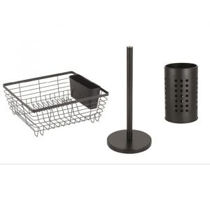 LNT - &Eacute;gouttoir vaisselle m&eacute;tal noir mat avec support &agrave; couverts avec porte sopalin et  pot &agrave; couvert assorti en acier inoxydable