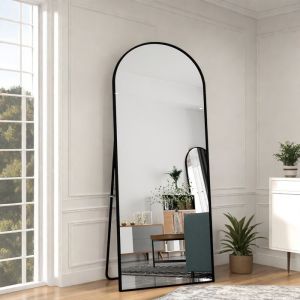 LEWW 180x80cm Miroir sur Pied Miroir arqu&eacute; pleine longueur Miroir de Sol Verre Tremp&eacute; Alliage dAluminium avec Cadre-Noir