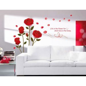 Rose Rouge Romantique Fleurs Stickers Muraux Salle de Séjour Chambre à Coucher Autocollants Amovibles