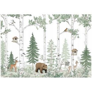 Papier Peint Intiss&eacute; Enfant Fille Gar&ccedil;on For&ecirc;t Animaux Vert 350x250 cm Chambre Enfant Photo Non Tiss&eacute; Muraux Trompe loeil