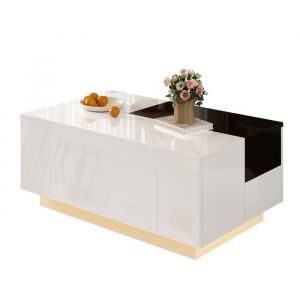 Table Basse Blanc Brillant avec LED - Plateau Extensible Noir/Blanc Rangement Cach&eacute; et Bande Lumineuse 16 Couleurs