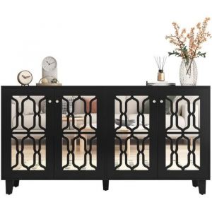 Dripex Buffet bas &agrave; miroir avec 4 portes contemporain noir laqu&eacute; brillant pour le salon et la salle &agrave; manger 160 x 40 x 84cm