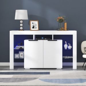 Buffet en bois laqué brillant avec éclairage LEDavec éclairage LED4 étagères en verre et 2 portesblanc-HAUSS SPOLE
