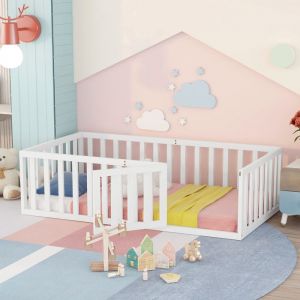 Structure de lit Nouveau épaissi lit bébé design moderne 90 x 200 cadre de lit en bois avec clôture et porte blanc (ancien SKU