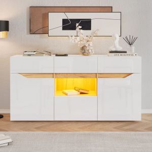 Buffet LED 140x40x70cm - buffet &agrave; 4 tiroirs avec compartiments - sans poign&eacute;es - laqu&eacute; brillant - blanc et bois
