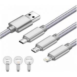 Cable de charge resistant 1 Mètre triple embout chargeur pour Apple Huawei Samsung Couleur Argent -Marque YuanYuan