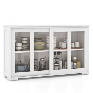 GIANTEX Buffet de Cuisine avec 2 Portes Coulissantes en Verre Trempé+ Étagère Réglable-Commode/Vaisselier/Meuble de Rangement-Blanc