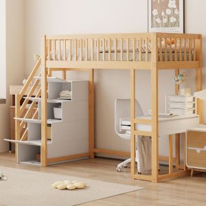 Lit combiné 90x200 cm enfant/ado en pin massif blanc avec bureau intégré et escalier rangement sécurisé