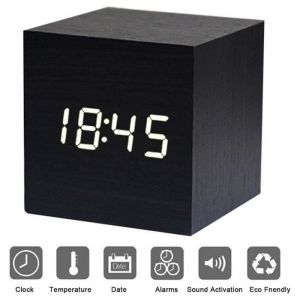 LED R&eacute;veil en Bois R&eacute;veil num&eacute;rique en bois Horloge Digital Cube avec Activation Vocale- noir