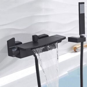 Mitigeur Baignoire Robinet Baignoire avec Douchette Robinet de baignoire cascade Mitigeur de douche en laiton  Noir