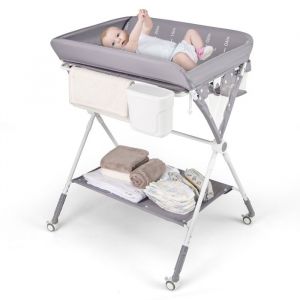 DREAMADE Table à Langer Pliable Bébé Portable avec 4 Roues 3 Hauteurs Réglables Espace de Rangement et Porte-serviettes Gris
