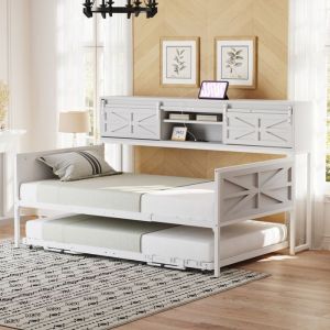 Canapé-Lit Gigogne Fer 90x200cm - Multi-Rangements & Prises - Blanc - Adolescent - Sans Matelas
