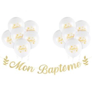 12 Ballons Mon Bapt&ecirc;me et Banni&egrave;re Banderole Paillet&eacute; Papier Baby Shower Guirlande Bunting Banner DIY D&eacute;coration Suspendue Feston