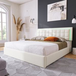 Lit LED double Cadre de lit avec espace de rangement 180x200 cm Rev&ecirc;tement en simili-cuir Blanc