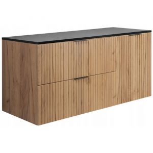 Meuble pour Vasque à Poser 80 cm FLOW - Façades rainurées - avec plan de travail - Chêne/Noir - 120 x 57 x 46 cm