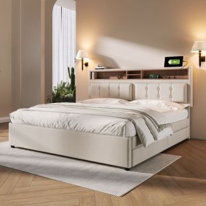 Lit avec rangement 160x200 cm en tissu lin beige avec t&ecirc;te r&eacute;glable 4 tiroirs et prises USB/Type-C lattes bois massif