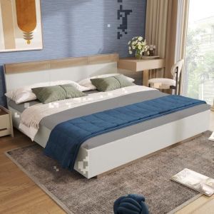 Lit Double En Bois 160x200cm - REDOM - Lit Adulte Avec Tête De Lit Et Sommier à Lattes - Couleur Chêne Sonoma/Blanc (Sans Matelas)