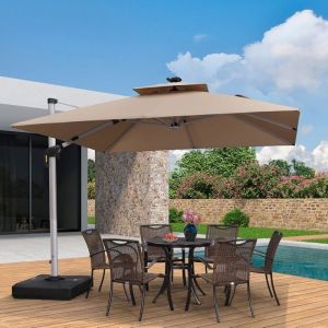 PURPLE LEAF Parasol Déporté 3 x 3 m Parasol De Jardin avec Éclairage Solaire LED Toit Double Kaki