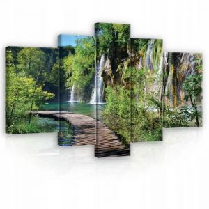 Impression sur Toile 5 parties Cascade Pont 3D 170x100 cm XXL Tableau Décoration Murale Intissée pour Salon Chambre pret a accroche