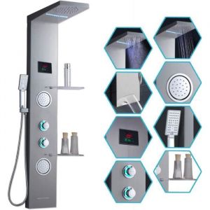 LED Colonne de douche Hydromassante Système de douche Panneau en Acier Inox avec jets de massageDouchette à mainCascade et