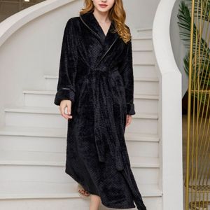 Peignoir de Bain Femme Col Ch&acirc;le Flanelle - Peignoir Polaire Chaud Epaisse Couleur Unie - Automne Hiver - NOIR Taille L