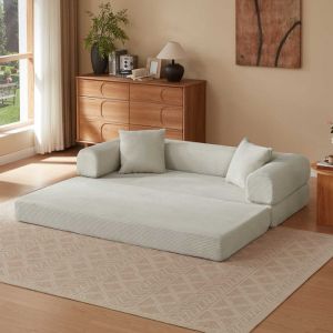 Canap&eacute; Convertible 3 palces en velours avec coussin amovibleCanap&eacute; Modulable Sans StructurePetit Canap&eacute; 3 Places pour SalonBeige