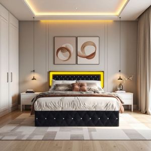 Lit coffre 140x200 avec sommier-Velours noir LED & Loquets cristal-Mécanisme hydraulique silencieux 300kg-Design moderne chic