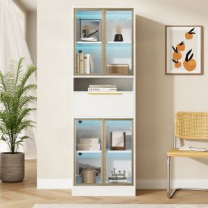 Armoire haute avec LED 16 couleursVitrine avec façade en verre et tiroir Espace de rangement et éclairage MDF 60×35×180 cm