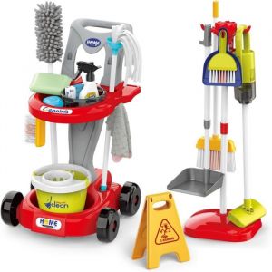 Chariot de Ménage pour Enfants avec Serpillière Seau Balai Aspirateur Brosses Pelle Balai à Main Jouet de Rôle pour Enfants